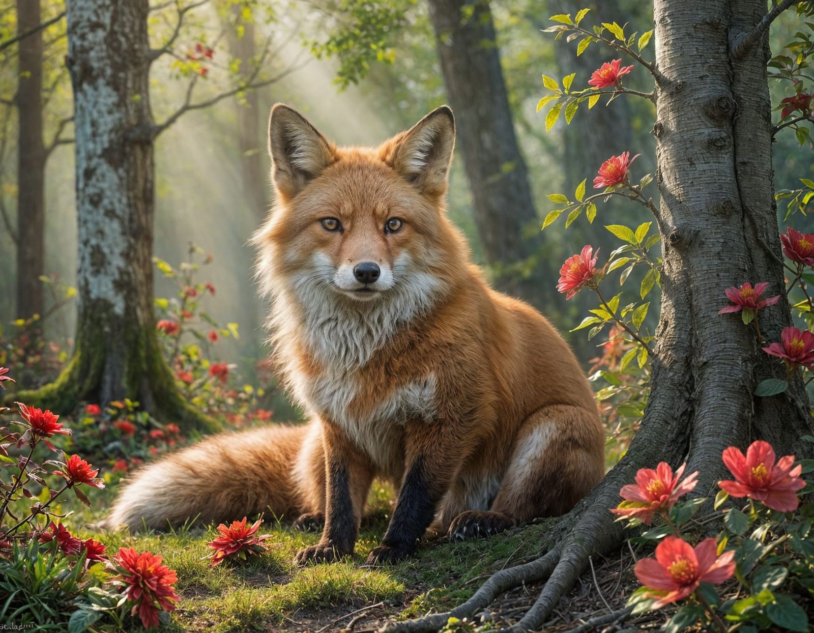 Dreamy Watercolor Scene with Grand Birch Tree and Fox