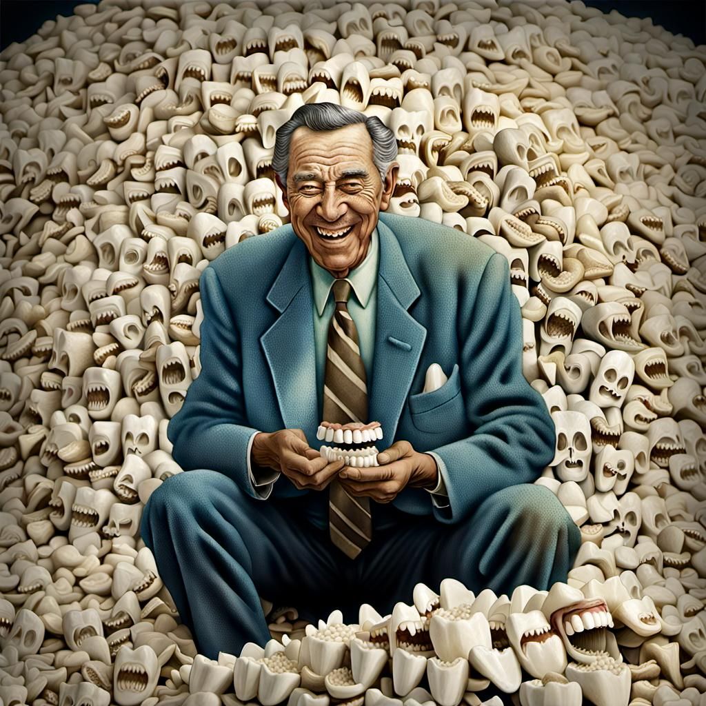 Smiling Man Selects Teeth: Vintage Photorealistic Portrait