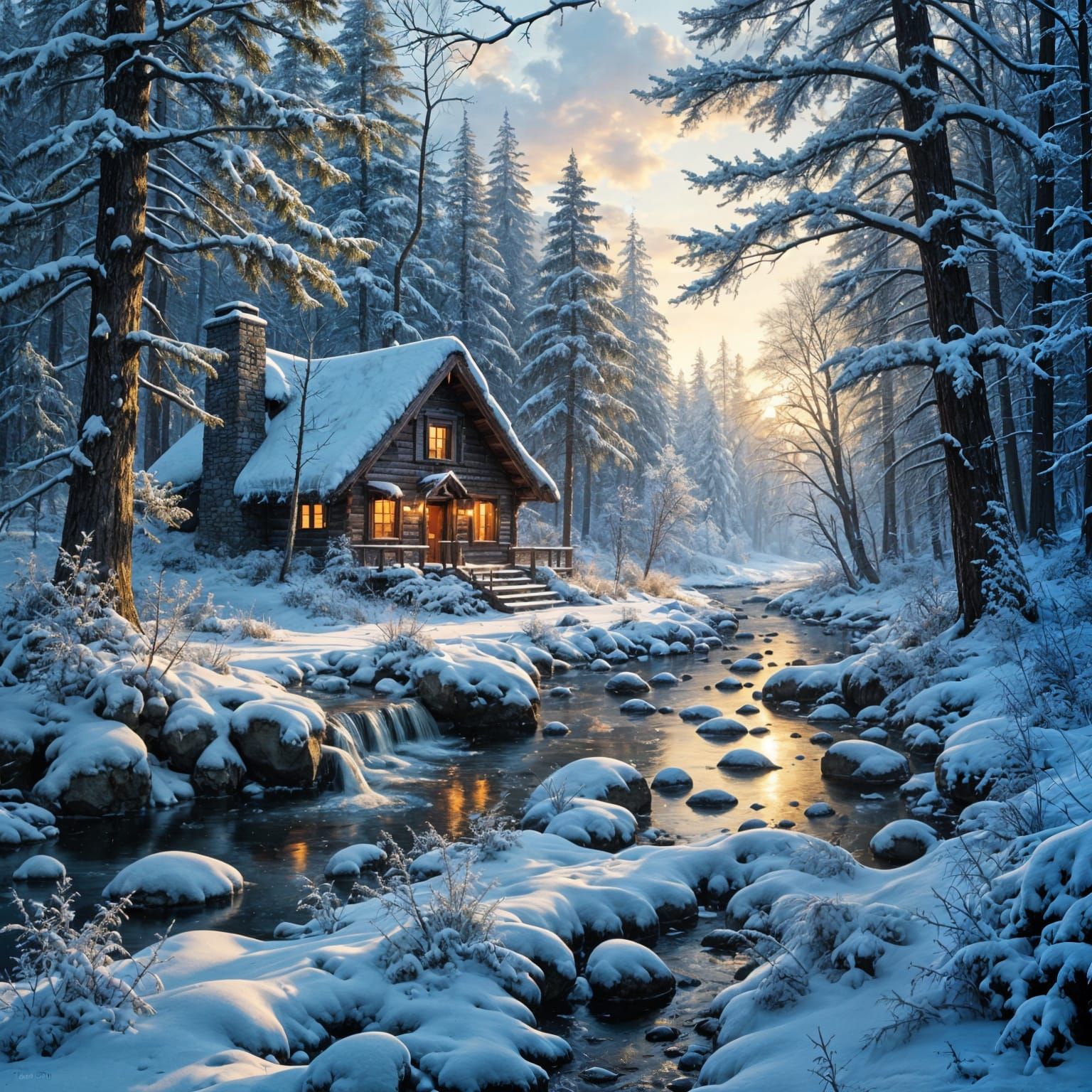 Cozy Forest Hut in Golden Hour Snow