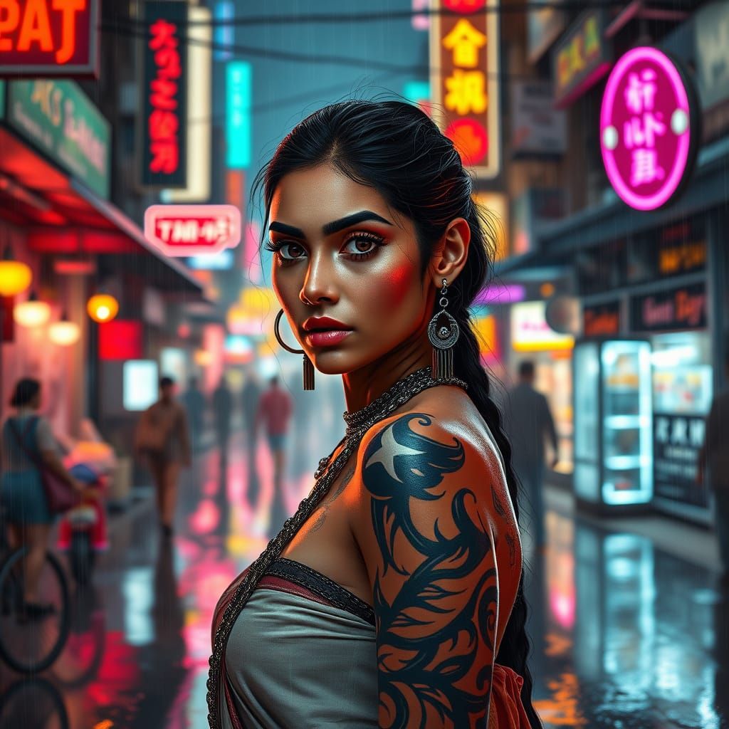 Cyberpunk Indian Woman in a Futuristic Marketplace
