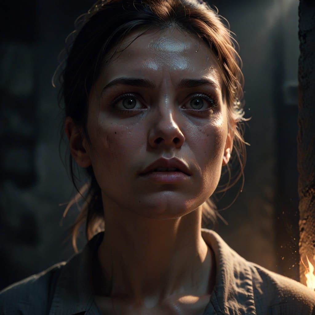 Defiant Female Prisoner in Dark Cell, Oil Painting with Chia...