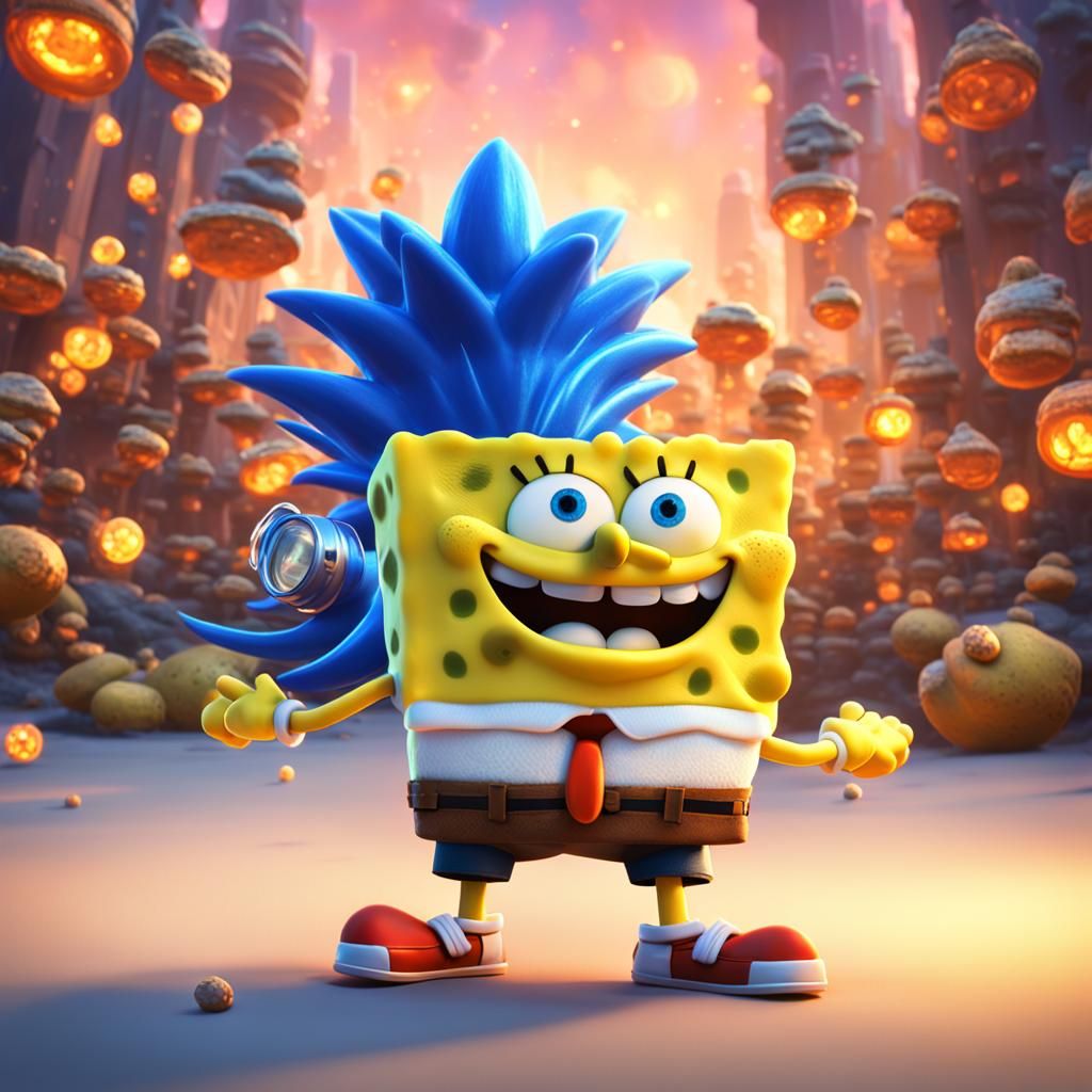 SpongeBob and Sonic in Naruto Style: 3D Digital Art