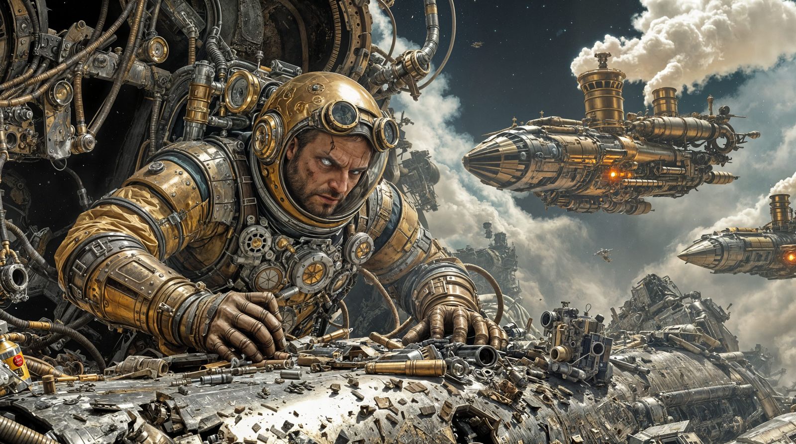 Steampunk Astronaut in Space Suit Salvages Derelict Spacecra...