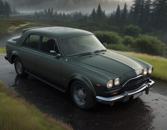 Luxurious Vintage Car Reflected in Rainy Village