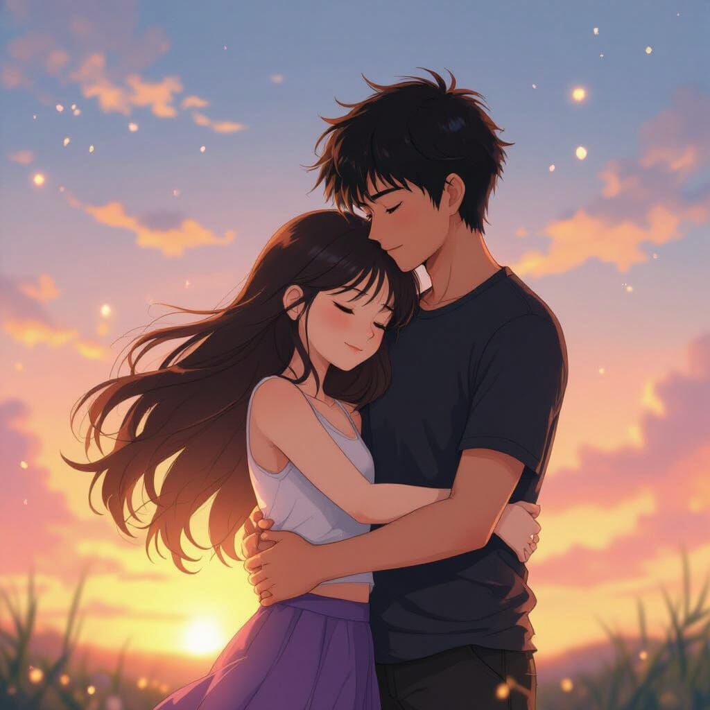Romantic Side Hug in Studio Ghibli Style