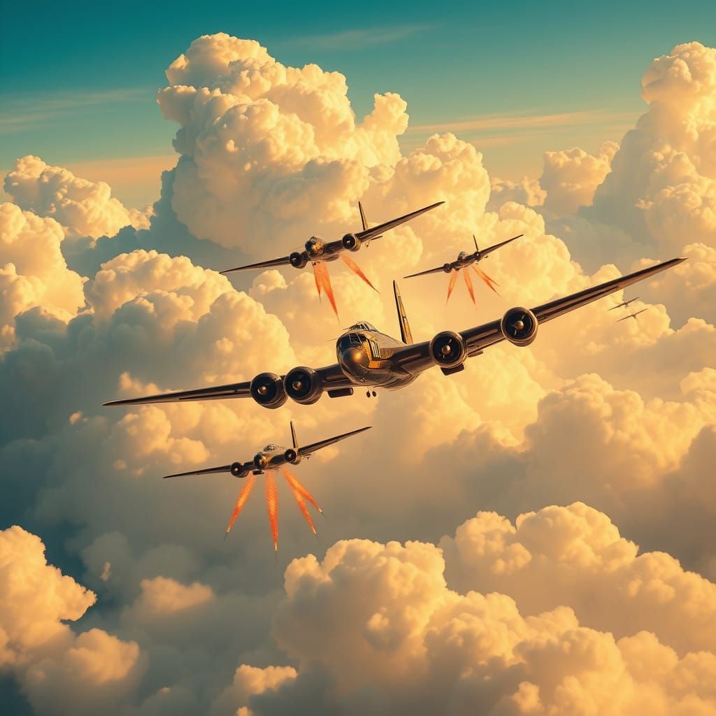 WWII Bombers Soar in Golden Light with Dramatic Texture