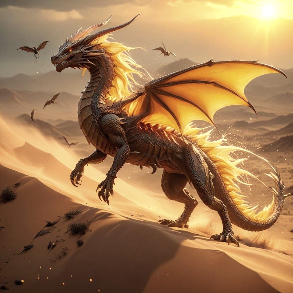 Mystical Desert Dragon Amidst a Stormy Horizon