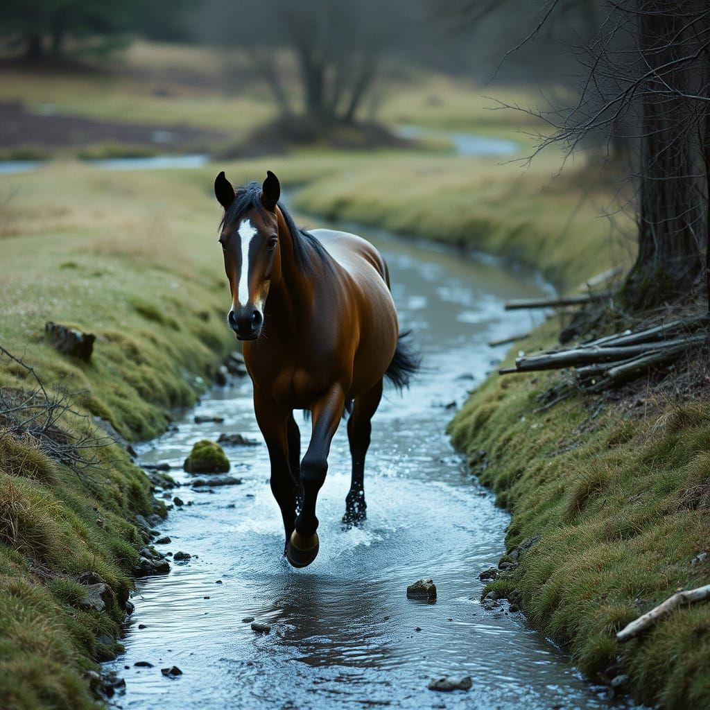 Elegant Horse Walks Through Tranquil Stream in Cinematic Sty...