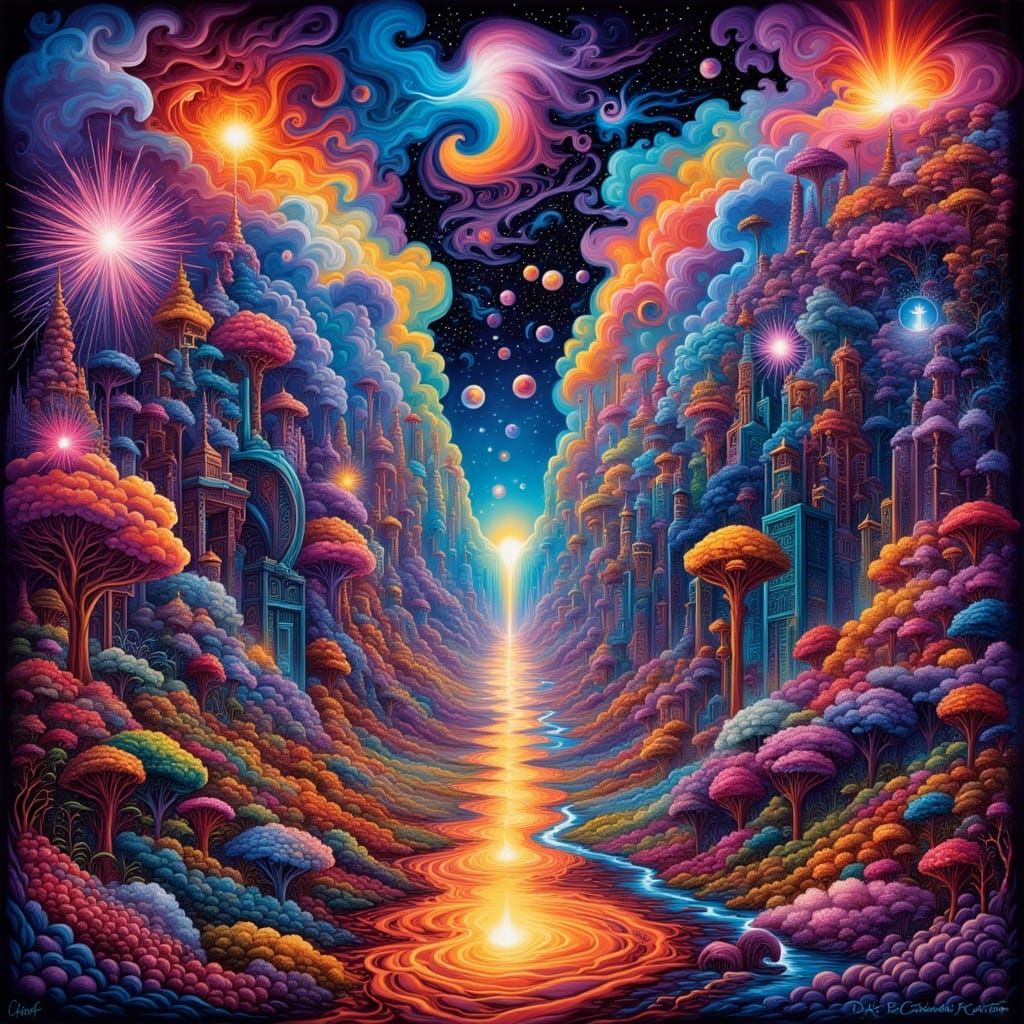 Psychedelic Abstract Hallway with Winged Beings