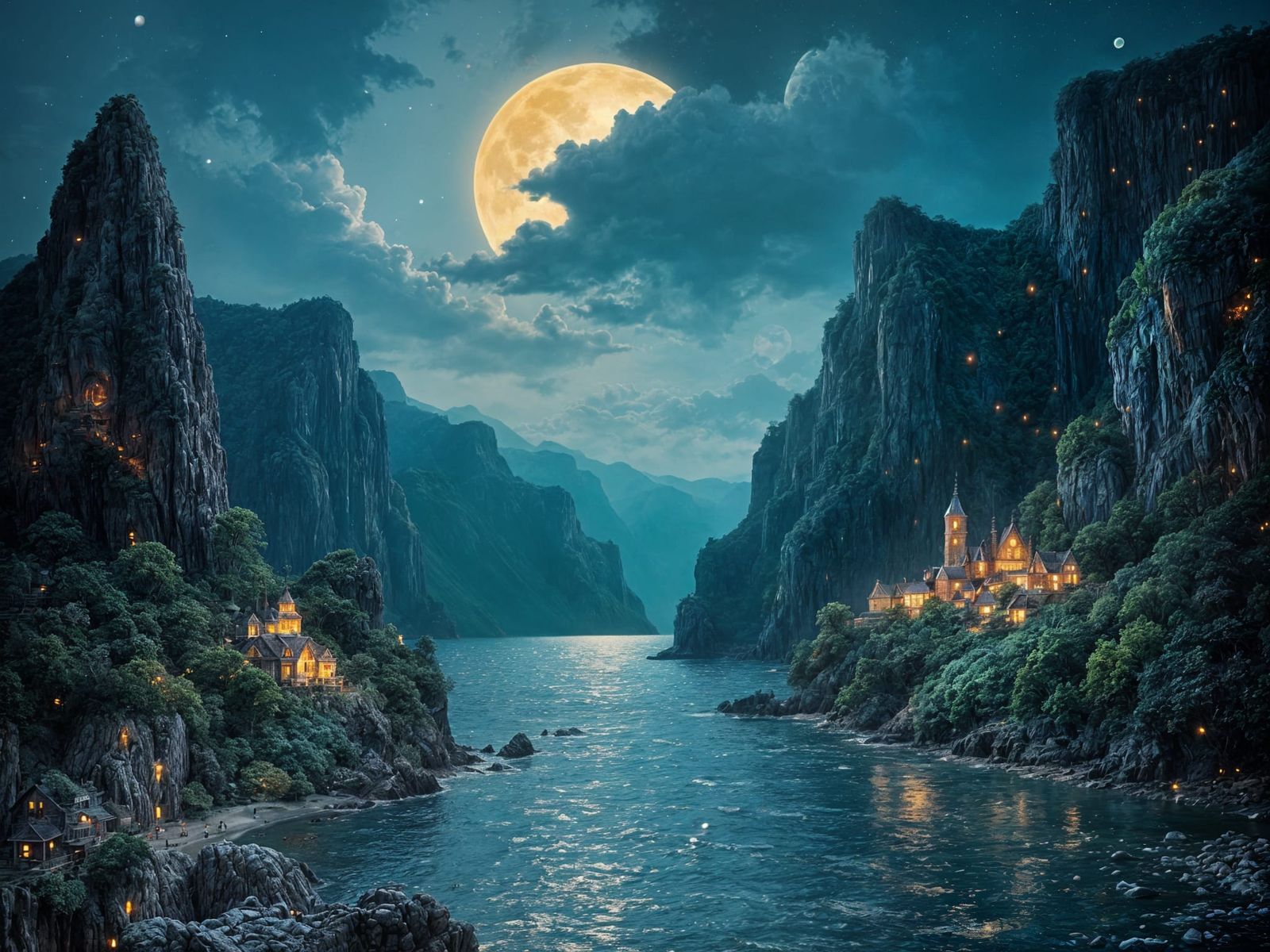 Bioluminescent Port City in Moonlight: Fantasy Landscape