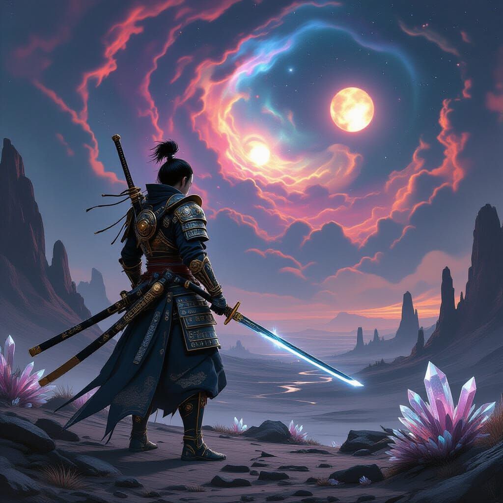 Steampunk Samurai on Alien World Under Nebula