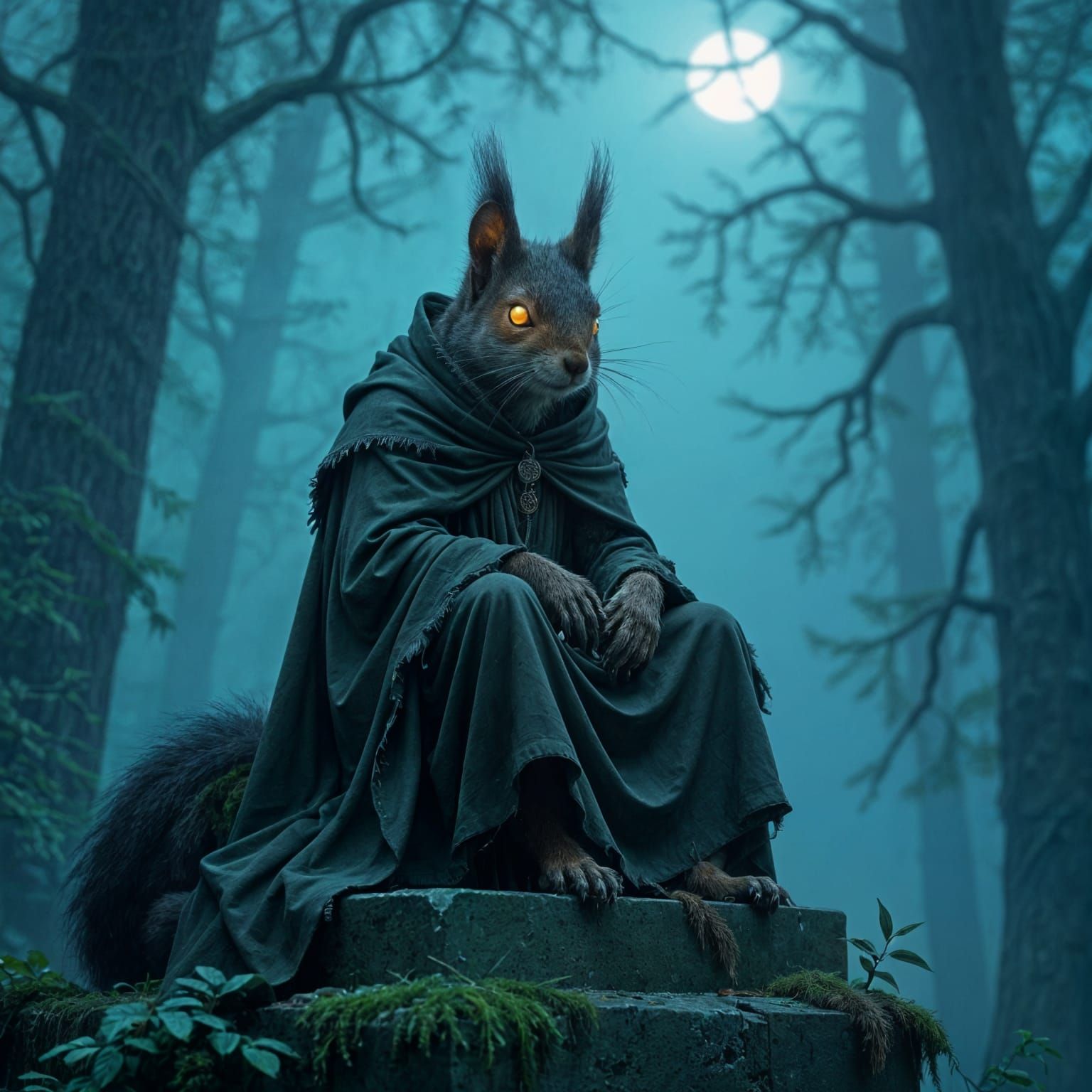 Glowing-Eyed Squirrel on Forgotten God Statue