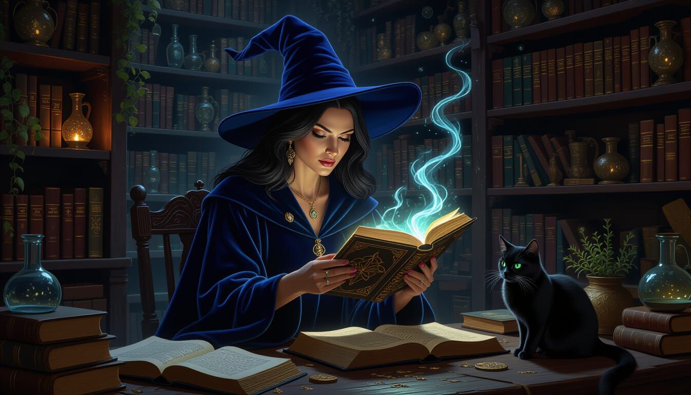 Witch Casting Spells in Mystical Shop with Cat