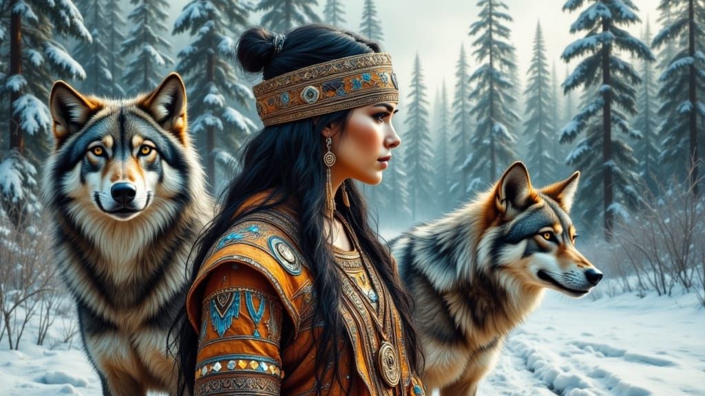 Alaskan Woman with Wolves in Ethereal Style