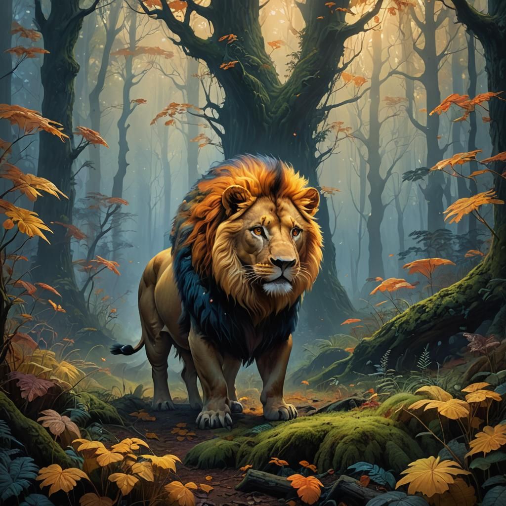 Lion-Pig Hybrid in Misty Forest, Fantasy Art