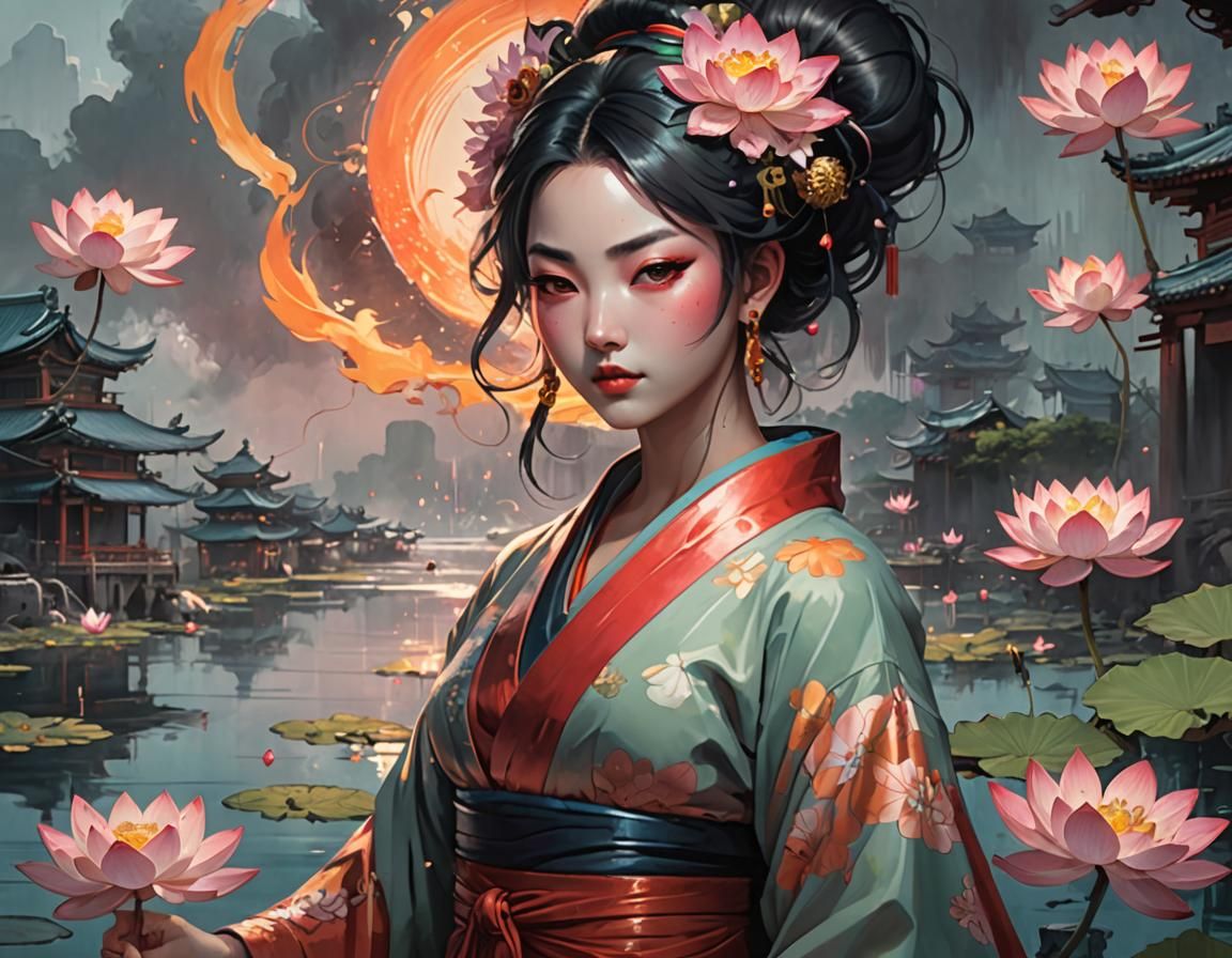 Geisha Portrait with Lotus Flowers in Hydropunk Style