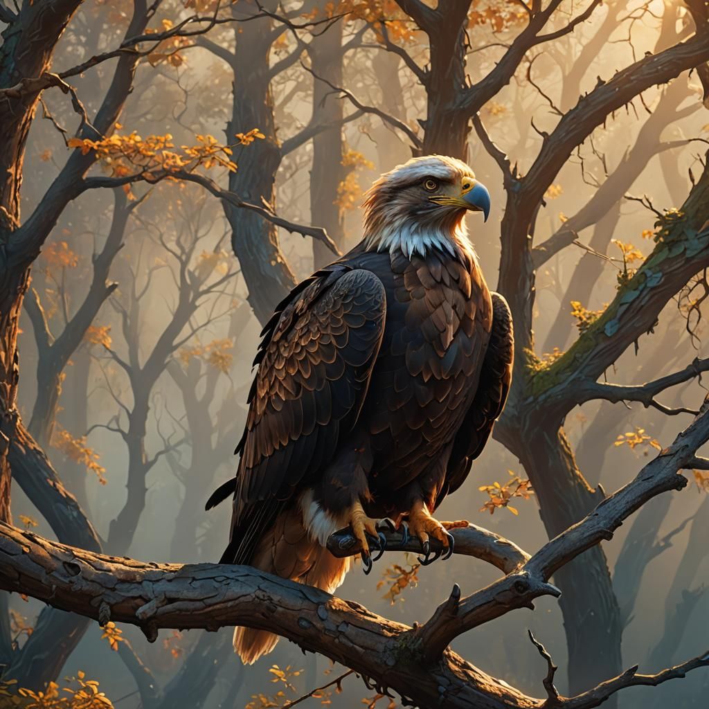 Eagle Perched on Branch: Fantasy Oil Painting