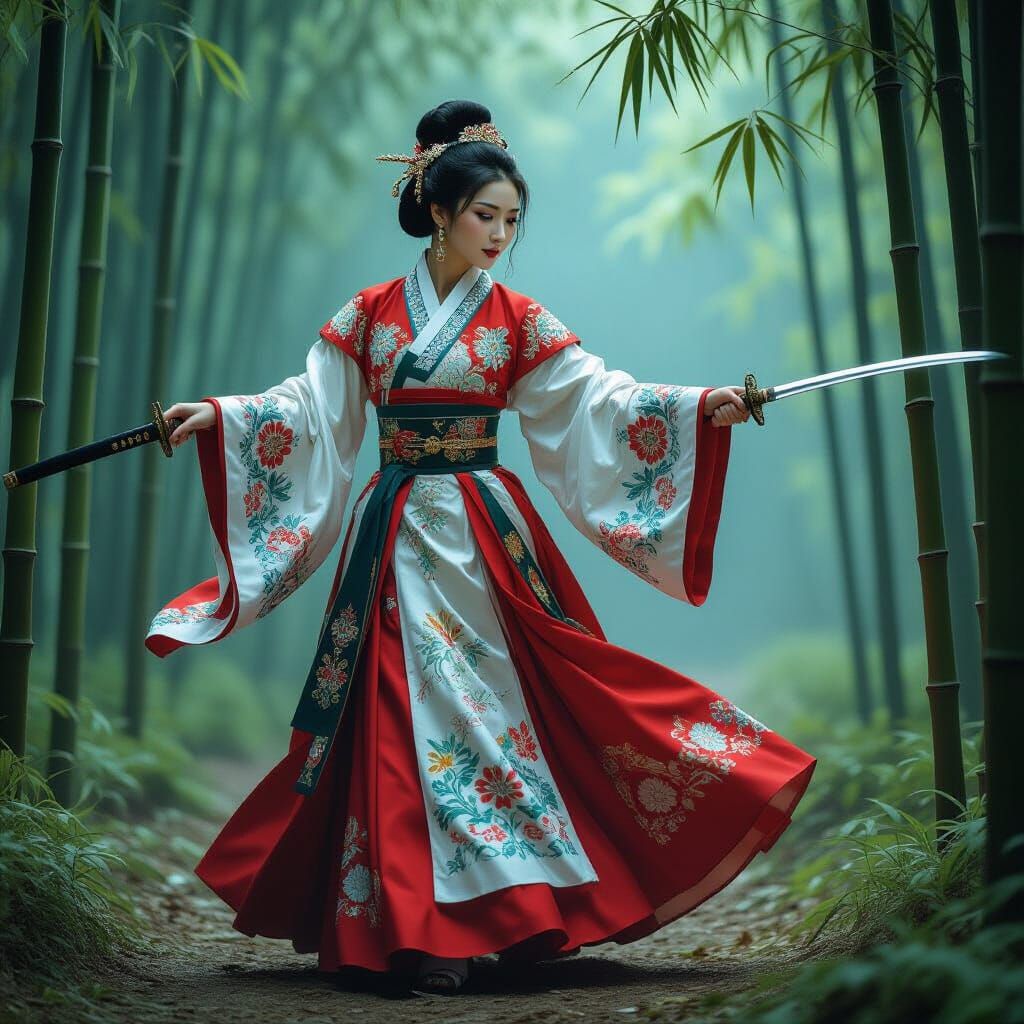Korean Dancer in Misty Bamboo Forest