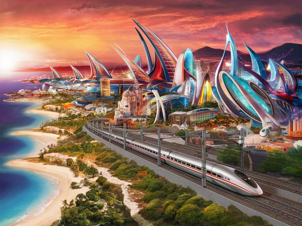 Futuristic Cityscape with Vibrant Colors and Coastline