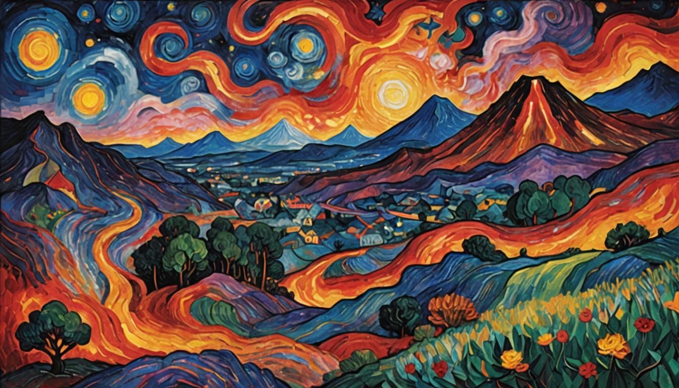 Volcano Eruption in Surreal Impasto Landscape