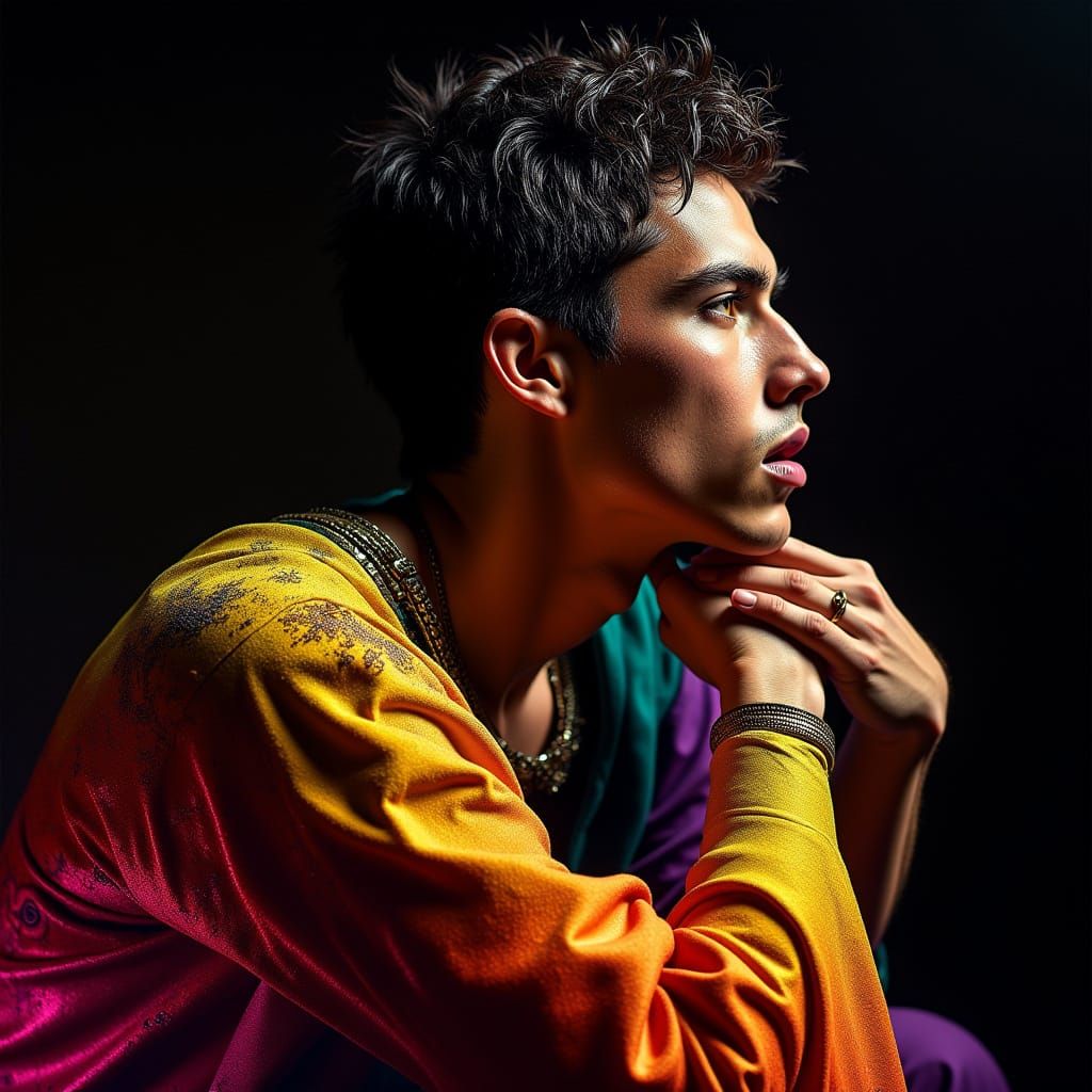 Medieval Model Posing at Dawn in Vibrant Colors