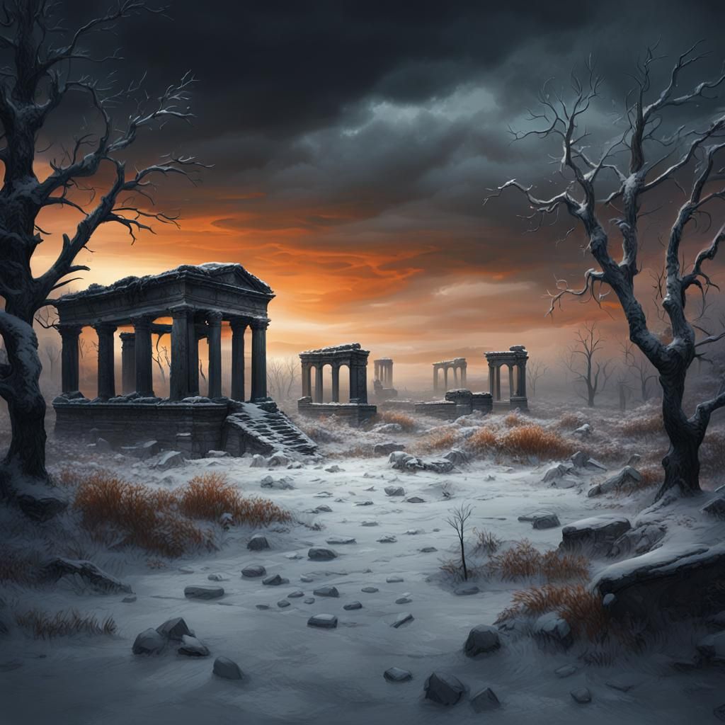 Desolate Snowy Landscape with Ruins in Digital Art