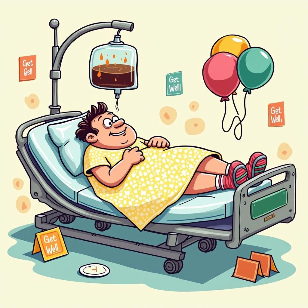 Cartoon Patient Relaxes with Coffee Drip in Hospital