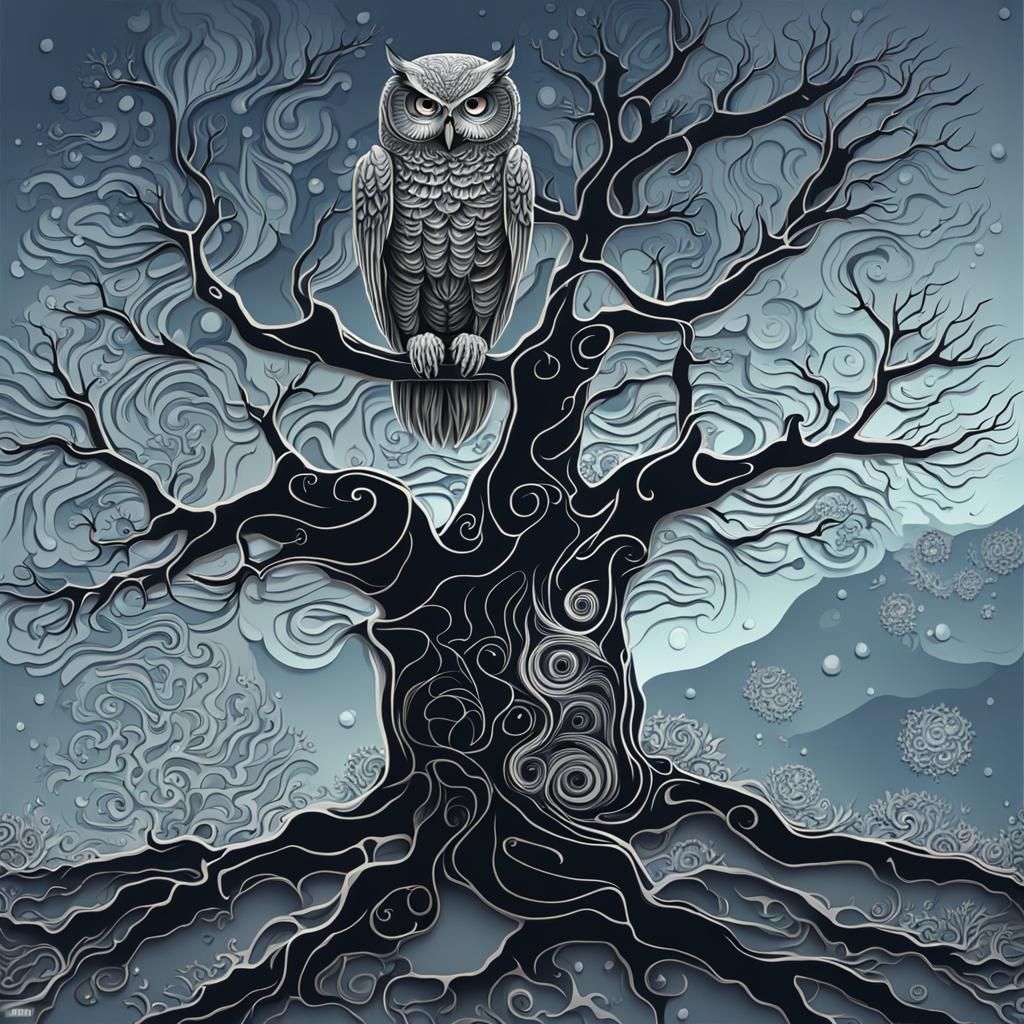 Skeleton Owl on Tree with Abstract Fractal Design