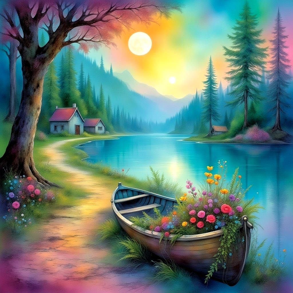 Dreamy Ink and Watercolour Landscape with Lake and Cottages