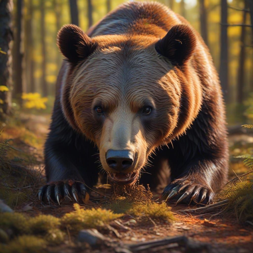 A Bear Defecates in Woods: Fauvist Oil Painting