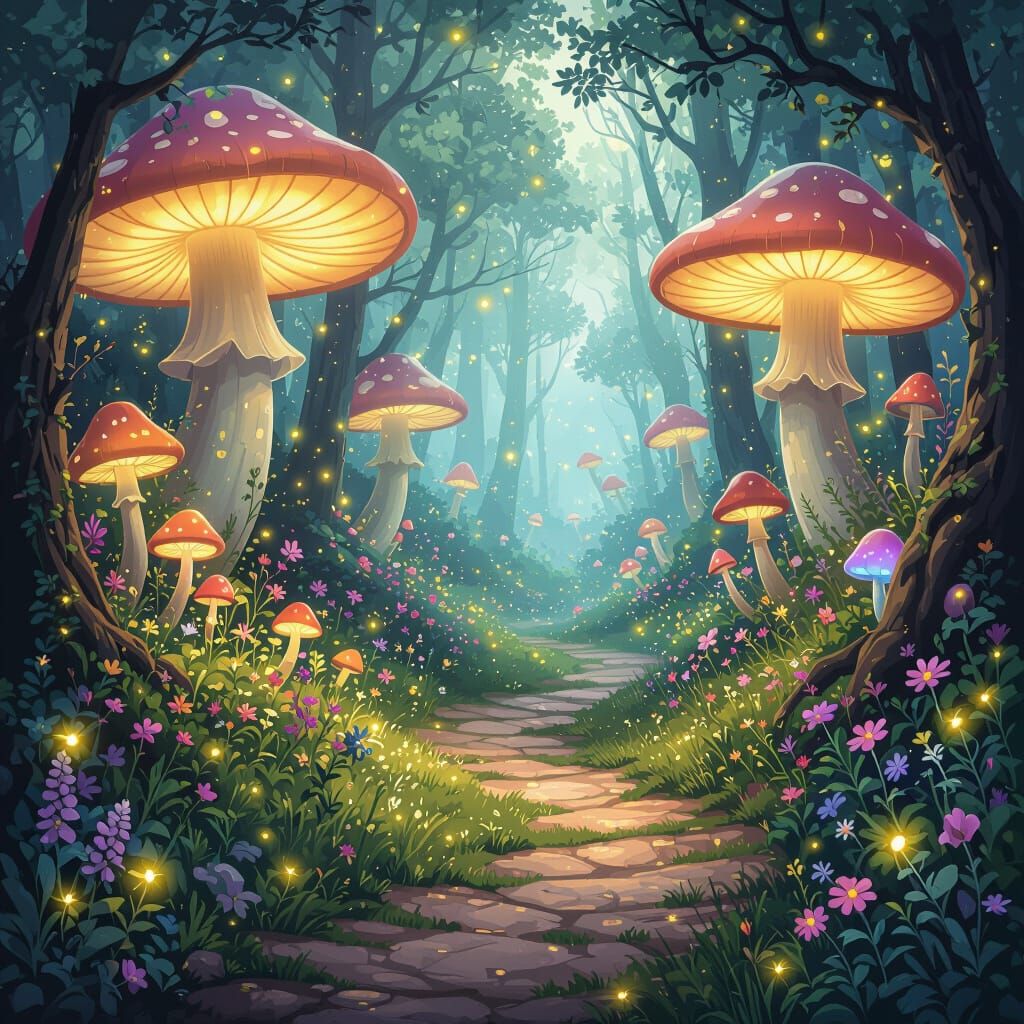 Enchanted Forest Path with Glowing Mushrooms and Fireflies