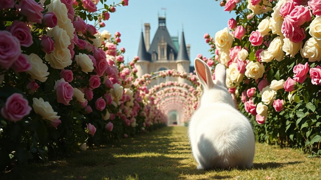 Fluffy White Rabbit in Enchanting Rose Garden with French Ca...