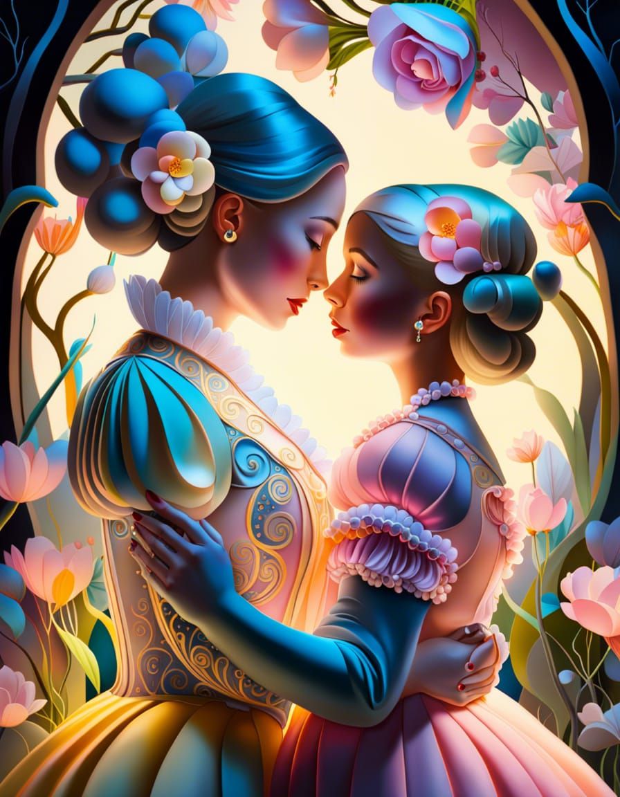 Baroque Mother and Daughter in Whimsical Garden