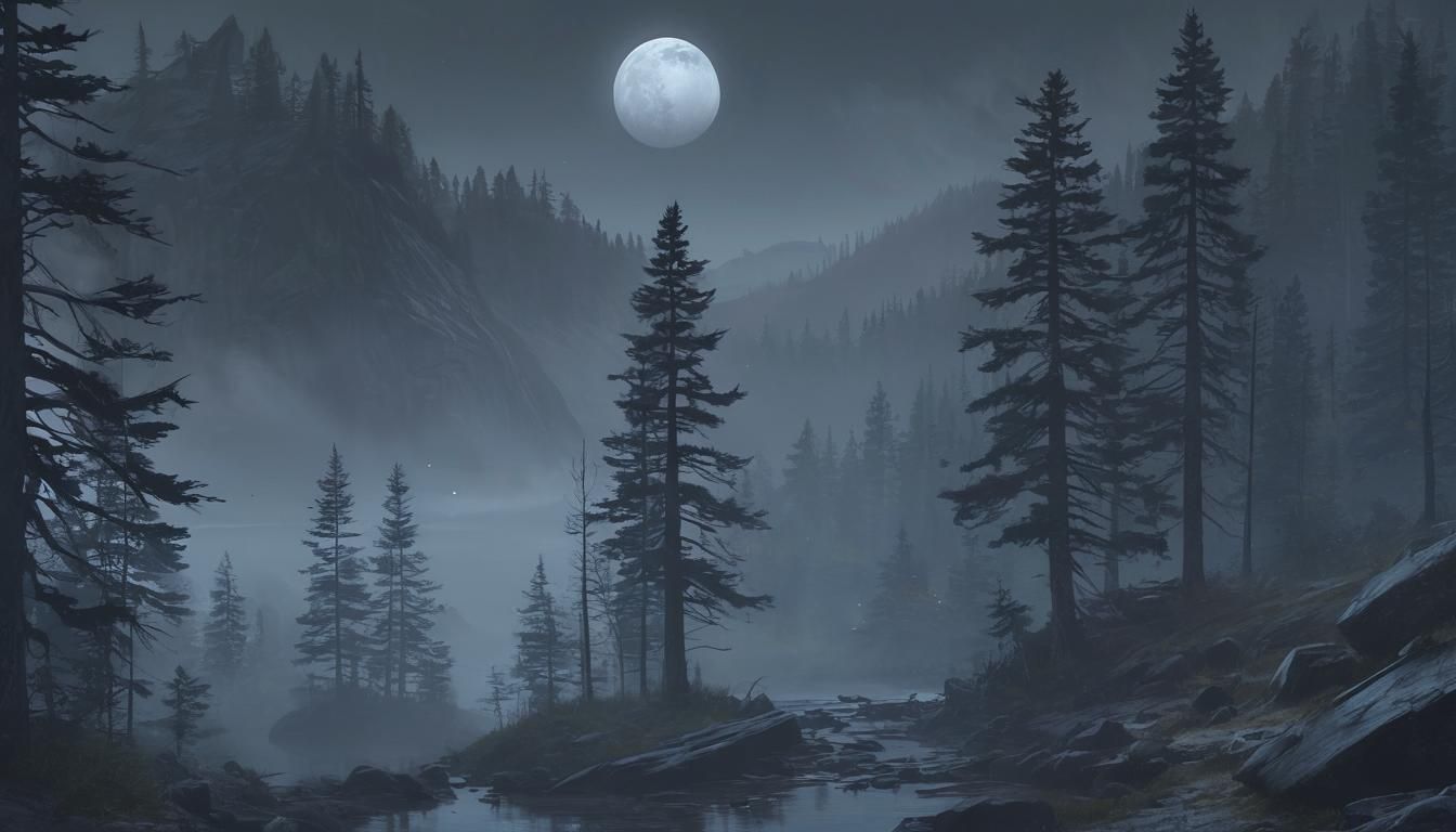 Ethereal Moonlight Over Pine Forest and Ravine