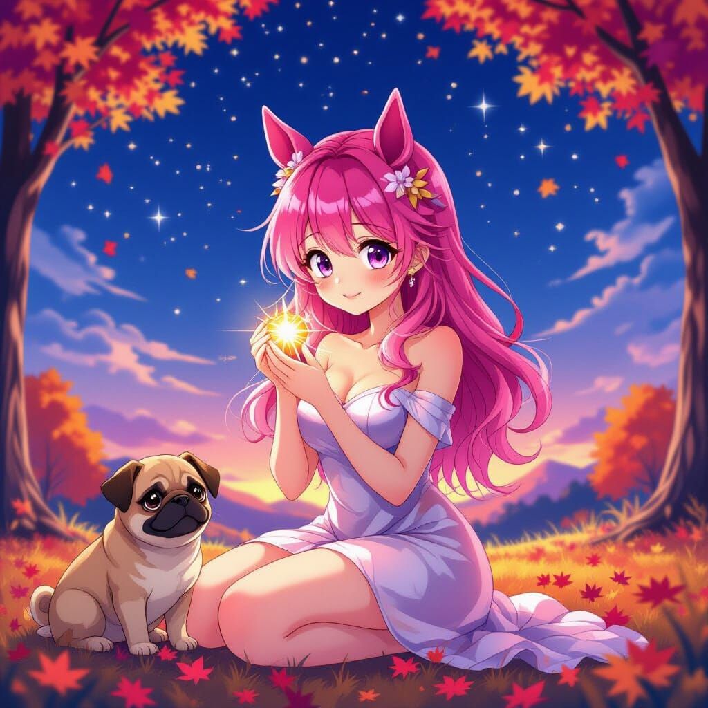 Anime Girl with Pink Hair and Horse Ears in Silk Dress