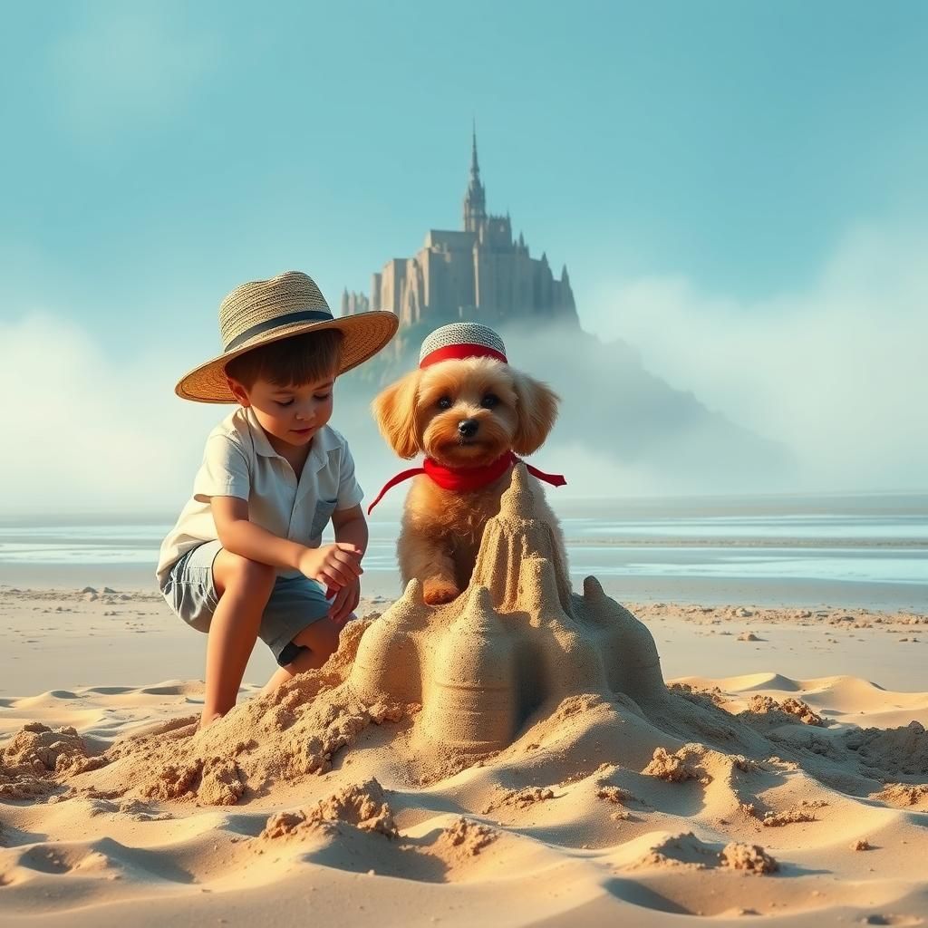 Boys Build Sandcastle with Poodle, Rockwell Style