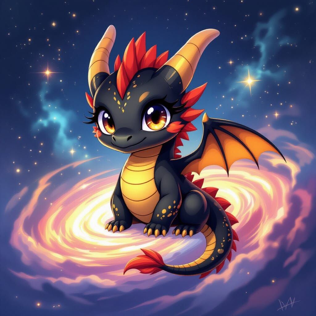 Chibi Dragon on Cosmic Vortex in Anime Style