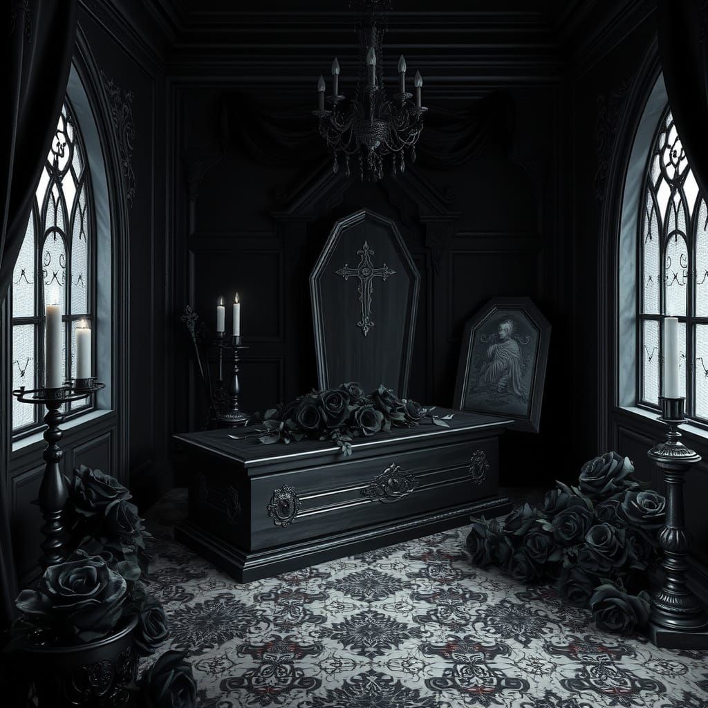 Gothic Coffin with Black Roses in High Detail