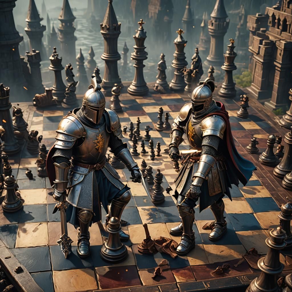 Knights on Chessboard: Detailed Fantasy Art