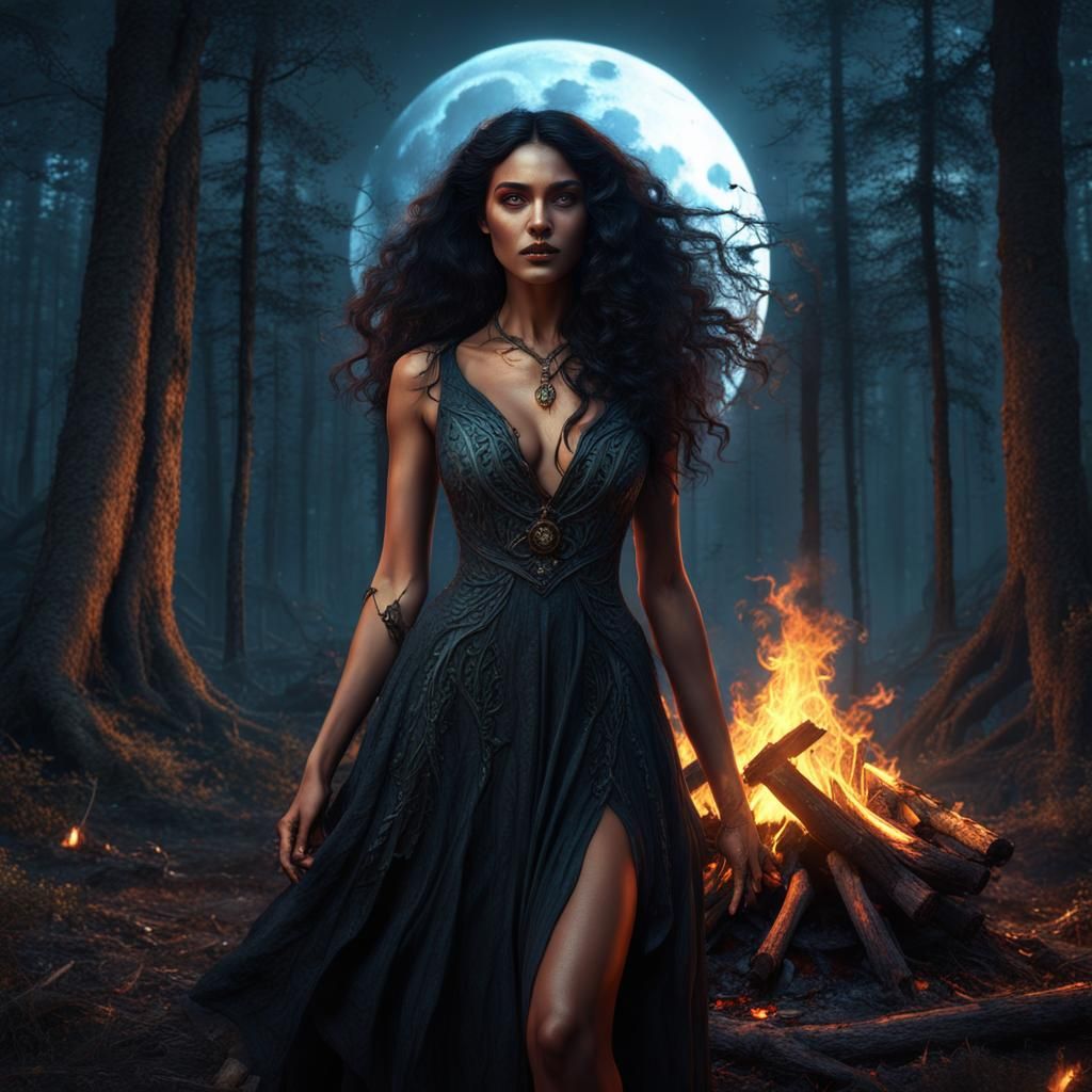Nature Witch Dancing Under the Moon in Fantasy Art