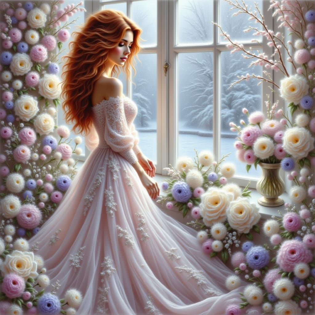 Woman in Lace Dress by Frosty Window with Winter Blooms