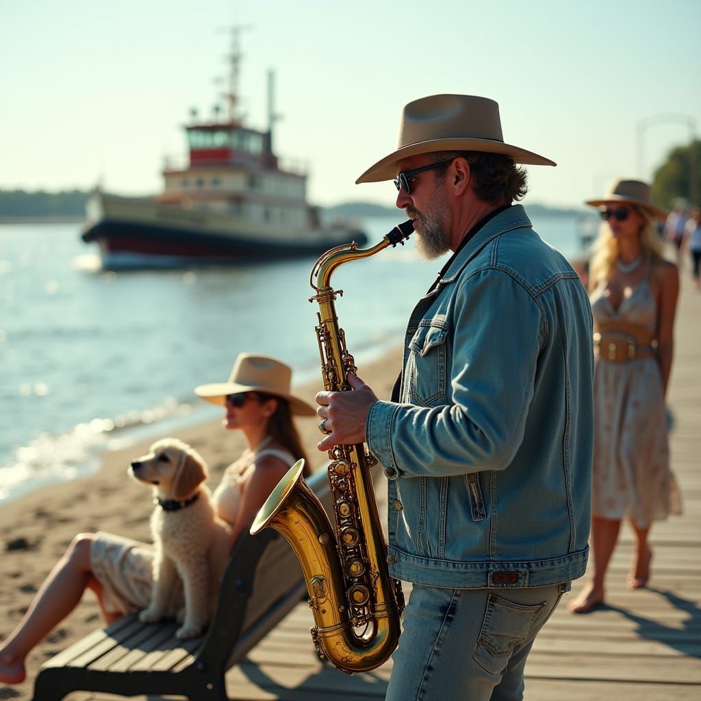 Man Plays Saxophone on Solomons Boardwalk in Summer