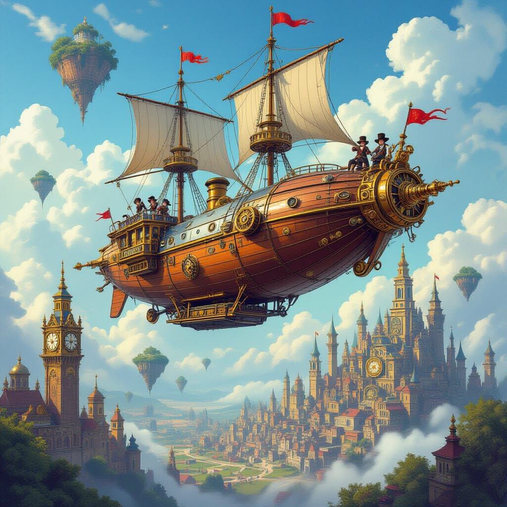Steampunk Airship Soars Above Floating Islands and City