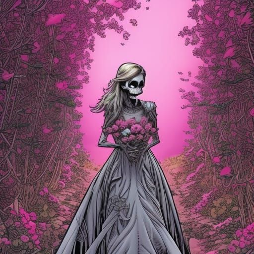 Pink Skeleton Girl in Secret Flower Garden, Comic Art