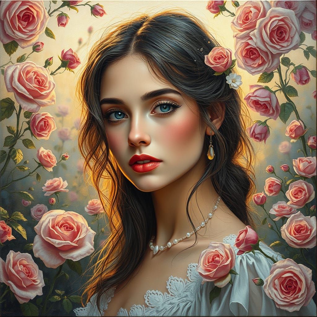 Surreal Woman Portrait with Roses in Ethereal Golden Hour Li...