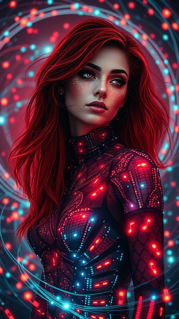 Gothic woman made of matrix lights, beautiful music rhythm , amazing, wonderful, surrounded rhythm, waiting for love, rh...