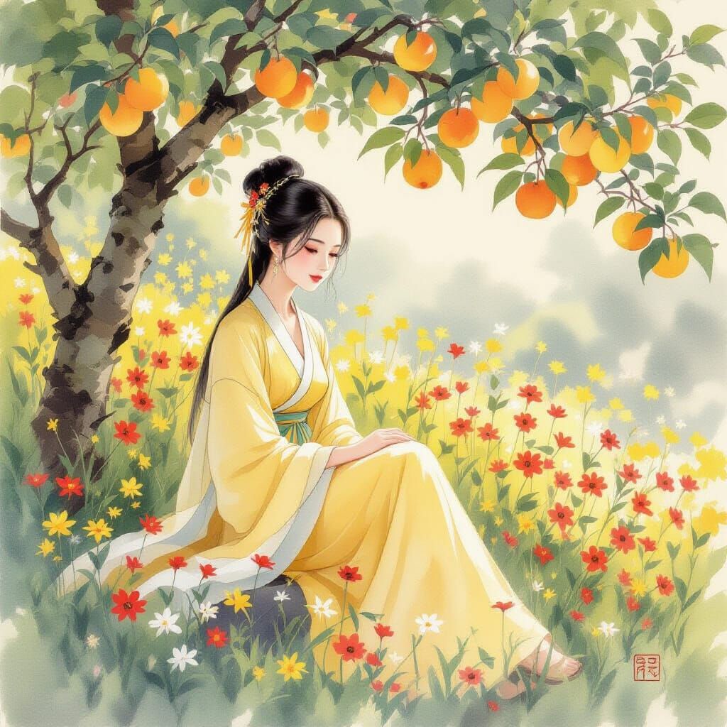 Ethereal Chinese Woman in Apple Grove as Watercolor Painting