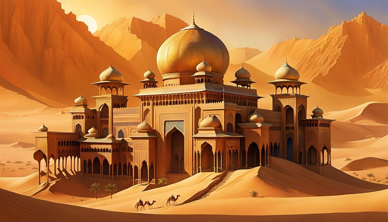 Colorful Desert Palace and Camel Train