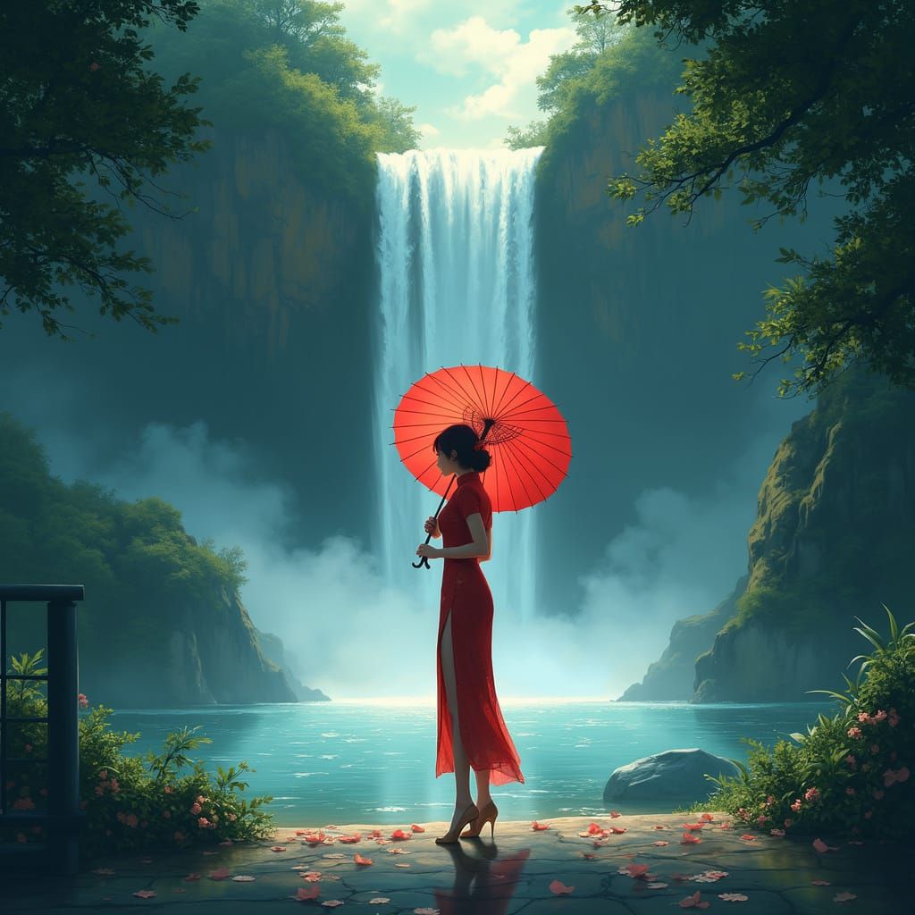 Chinese Woman Under Waterfall in Anime Style