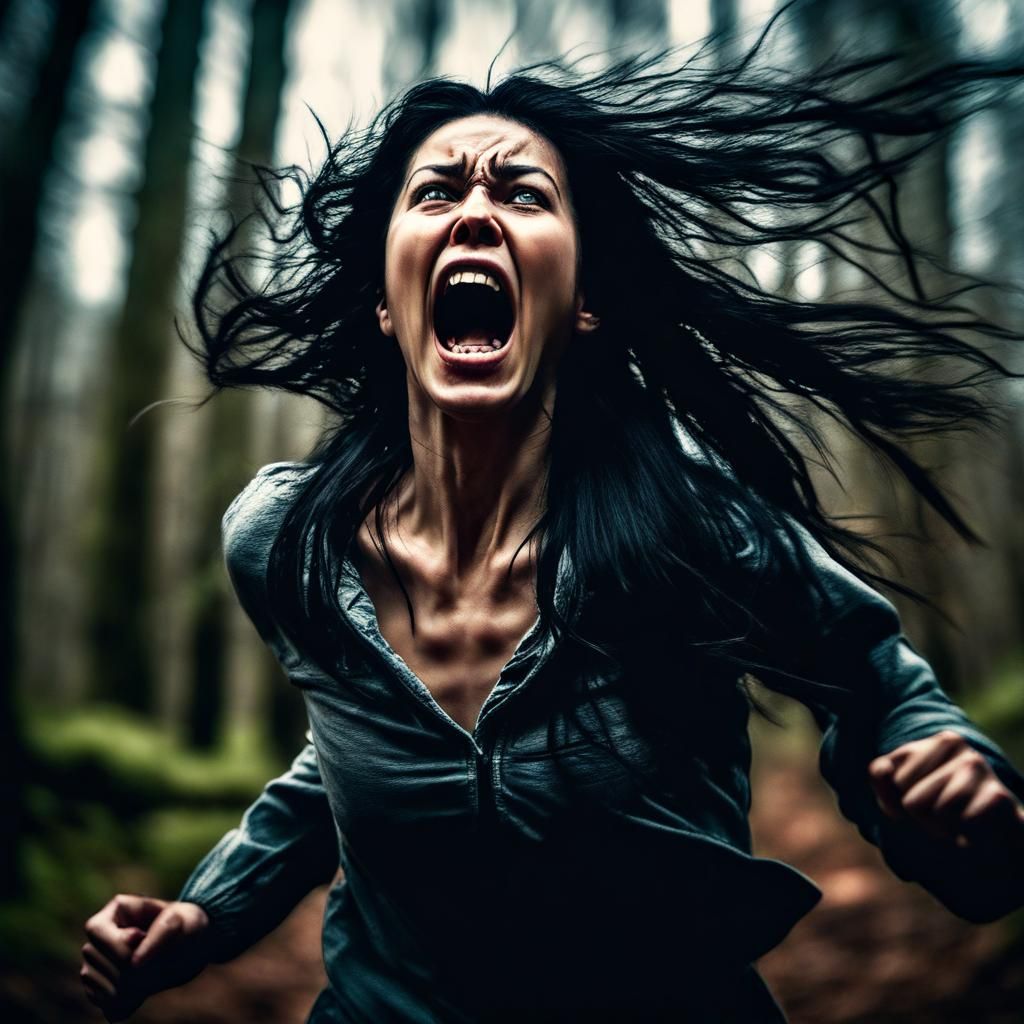 Woman Screaming in Forest Horror Scene